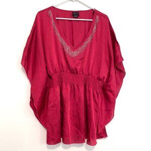 OLD TAG TORRID Plus Size Raspberry Red Beaded Sequin Satin Kimono Sleeve Blouse